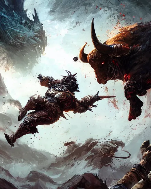 Prompt: a scene from an epic battle between bulls , magic the gathering artwork, D&D, fantasy, cinematic lighting, centered, symmetrical, highly detailed, digital painting, artstation, concept art, smooth, sharp focus, illustration, volumetric lighting, epic Composition, 8k, art by Akihiko Yoshida and Greg Rutkowski and Craig Mullins, oil painting, cgsociety