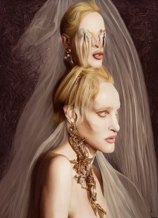 Prompt: Uma Thurman wearing epic haute couture by Alexander McQueen, extremely beautiful and proportionate face, in the aesthetic of mert and marcus, masterpiece, intricate, elegant wardrobe, highly detailed, digital painting, artstation, concept art, smooth, sharp focus, illustration, art by artgerm and james jean and greg rutkowski and alphonse mucha