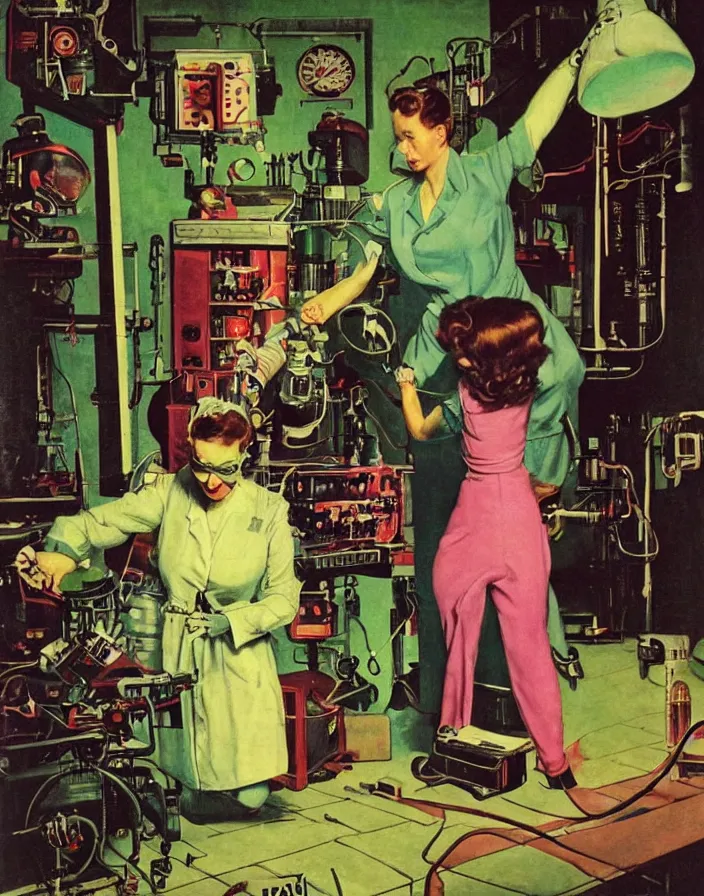 Image similar to a female mad scientist building a retro robotic!!! man!!!, in a darkly lit laboratory room, 1 9 5 0 s horror film movie poster style, ( norman rockwell oil painting ), retro science fiction, vintage, saturated pink and green lighting, shadowy lighting