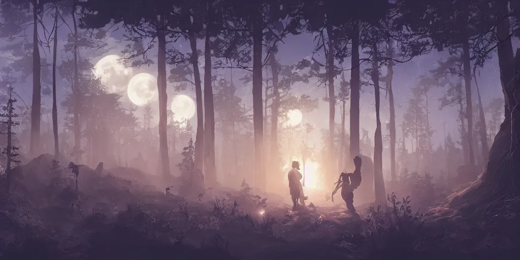Prompt: tabletop roleplay game of a moonlit clearing in the woods, gridless, top - down perspective, beautiful, 8 k, high quality digital art