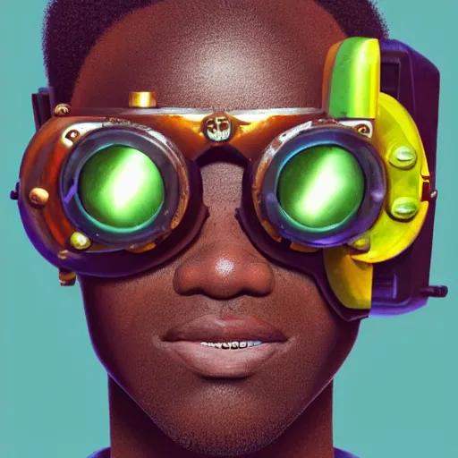 Prompt: colourful vfx upper half - portrait - art of a nigerian boy wearing steam punk goggles, art by stanley artgem lau & tenmyouya hisashi, digital render, digital illustration, concept art, caricature, volumetric light, ray tracing, symmetrical, unreal engine, octane 3 d render, sharp, detailed, intricate detail, pinterest, behance, art station,