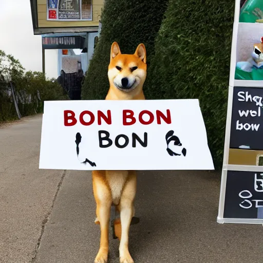 Image similar to shiba inu holding holding a sign with text that reads bonk, in paws