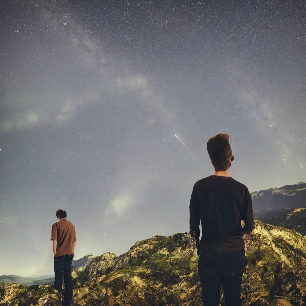 Image similar to twenty year old man with brown hair, with his hands in his pockets, looking over a cliff at a beautiful landscape of rivers and mountains as a meteor shower happens overhead