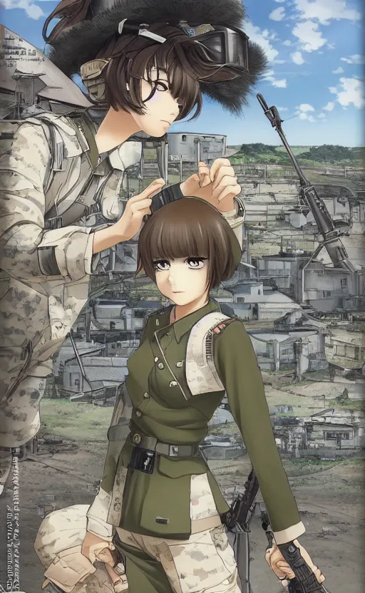 Prompt: portrait of a female soldier, highly detailed, high resolution, military camp in the background, a colored page of a manga, illustration, stunning, from the manga marginal operation, bokeh soft, matte, 100mm, by professional photographer, hayao miyazaki, shimada fumikane, shizuma yoshinori, umihara sakana, bob, realistic human anatomy, realistic military carrier, modern warfare, realistic weapon, shot with a arriflex 35 ii, low saturation, small eyes