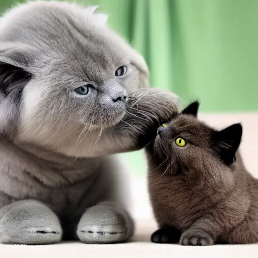 Image similar to Himalayan cat with green fur happily playing with a miniature grey skinned elephant.