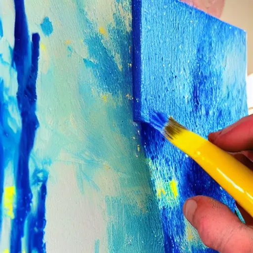 Image similar to a photo of blue paint mixing with yellow paint on an artist's canvas