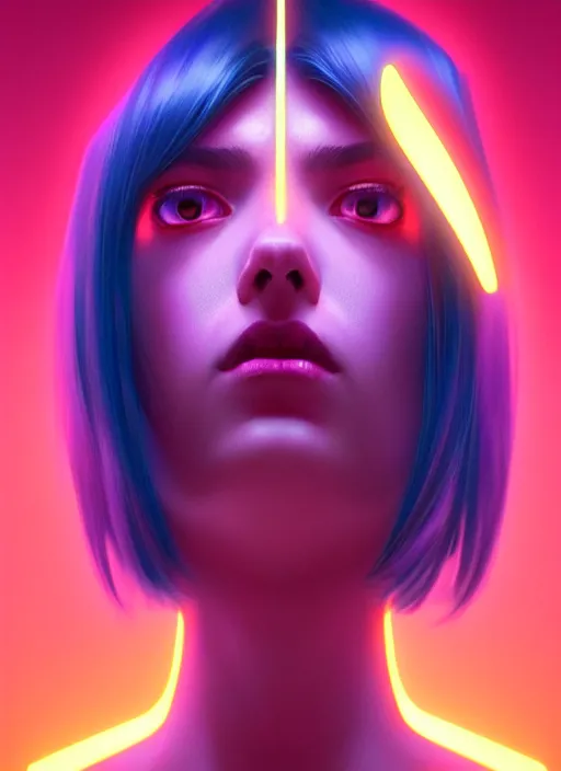 Image similar to beautiful neon woman, by greg rutkowski, symmetry, concept art by artgerm, distance render portrait of a hyper realistic, pixar, intense, epic, powerfull, alphonse mucha, octane render, highly detailed, high quality, 8 k, soft lighting, path traced, and uang guangjian and gil elvgren, symmetry!!