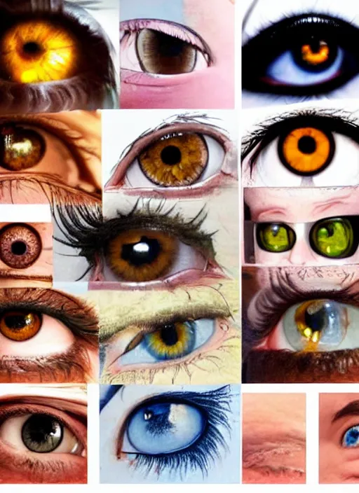 Image similar to diverse eyes!, dot pupils, round pupil, happy human eyes, round iris, advanced art, art styles mix, from wikipedia, grid of styles, various eye shapes