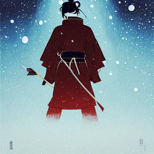 Image similar to a painting of a samurai silhouette in the snow, poster art by otomo katsuhiro and by petros afshar, cgsociety, nuclear art, reimagined by industrial light and magic, official art, poster art