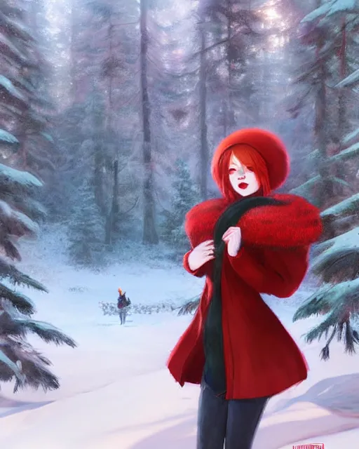 Prompt: emma stone with red hair in ushanka, winter forest decoration on the background, a beautiful half body illustration, top lighting, perfect shadow, soft painting, art by hidari and krenz cushart and wenjun lin