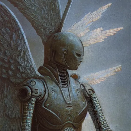 Image similar to arch angel in ancient armor concept, beksinski