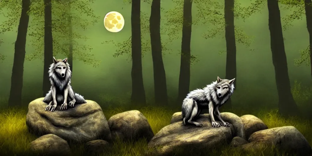 wolf sitting howling at full moon