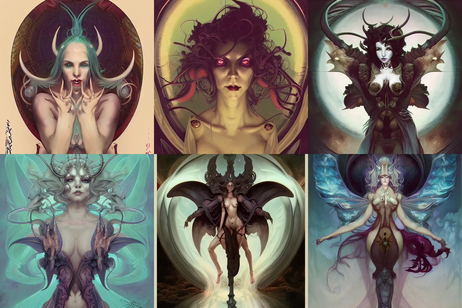 Prompt: Succubus, symmetrical, D&D character art, portrait, digital painting, Peter Mohrbacher, Alphonse Mucha, Brian Froud, Yoshitaka Amano, Kim Keever, Victo Ngai, James Jean