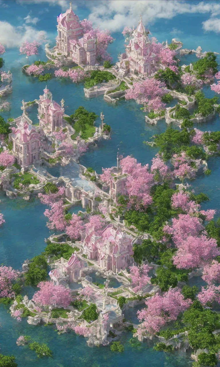 Prompt: magic baroque - style palace on the island, paradise, white, pink, luminous water, water reflection ， sakura, magic, realism, unreal engine, super detail, lifelike, 8 k, masterpiece, artstation, panorama, wide angle