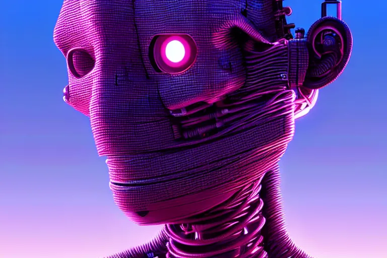 Image similar to hyperrealistic medium shot robot cyborg in wires data! center server! computers! by stanley kubrick highly detailed concept art zdzisław beksinski william gibson westworld hbo cinematic low purple lighting high angle hd 8 k sharp shallow depth of field