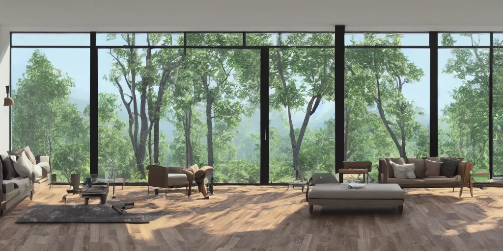 Image similar to a beautiful modern living room with wood floors, large windows with a beautiful view, an area rug, plants, forest, mountains, realistic, hd, 8 k, digital rendering, unreal engine, blender, octane, maya