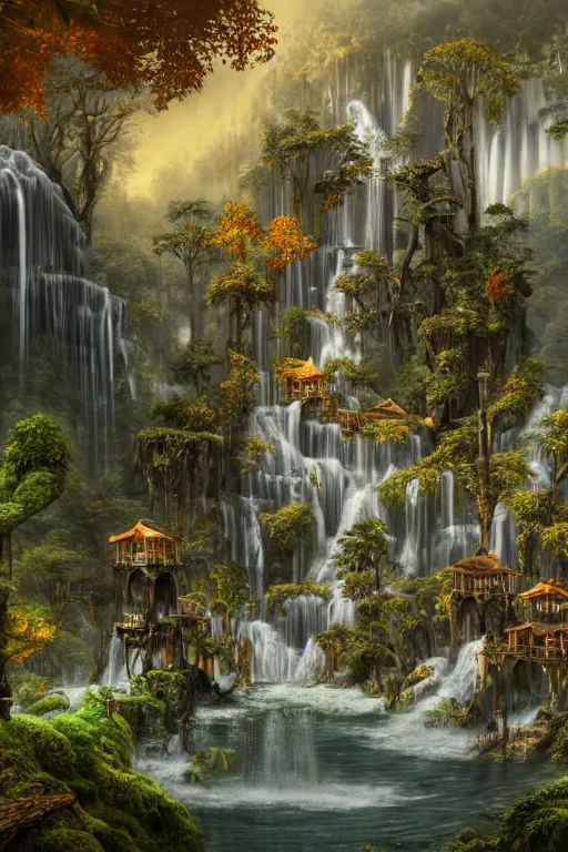 Image similar to wooden elven City with golden roofs, arches and bridges on top of a WATERFALL in the fall, gnarly trees, lush vegetation, forrest, a small stream runs beneath the waterfall, landscape, raphael lacoste, eddie mendoza, alex ross, john howe, concept art, matte painting, highly detailed, rule of thirds, dynamic lighting, cinematic, detailed, denoised, centerd, clean render