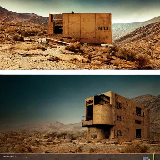 Image similar to abandoned hidden bunker in the mountains with big desert National Geographic photograph Greg Rutkowski ArtStation, Deviantart HD screenshot