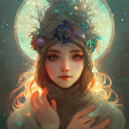 Image similar to beautiful ancient frost witch, fire in eye, snow glow, pool party, highly detailed, digital painting, artstation, sharp focus, illustration, art by tan zi and ayanamikodon and alphonse mucha and wlop