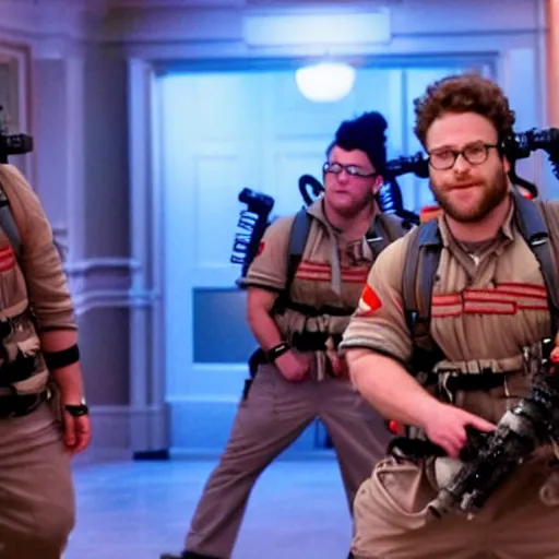 Prompt: awe inspiring Seth Rogen playing a Ghostbuster in a still from the movie Ghostbusters 8k hdr