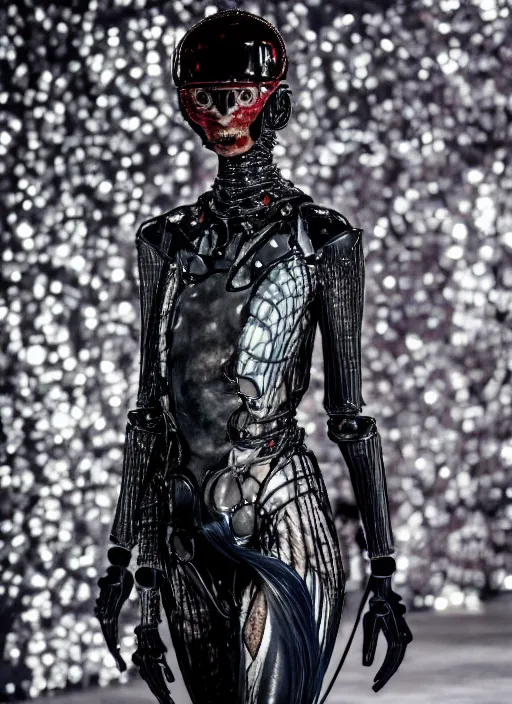 Image similar to walking down the catwalk, steven klein, show, stage, vogue photo, podium, fashion show photo, iris van herpen, beautiful woman, perfect body, full body shot, helmet on face, masterpiece, guyver, jellyfish, biomechanical details, movie still, fauvism, cinestill, bokeh, gelios lens