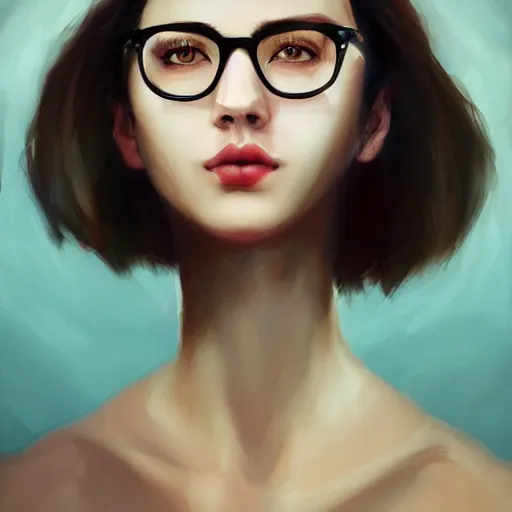 Prompt: artwork inspired by mandy jurgens, dark hair, nose piercing, thin round glasses, cinematic, 8 k, self confidence