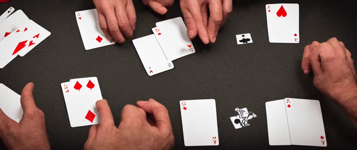 Image similar to a high quality color extreme creepy atmospheric wide dutch angle hd 4 k film 3 5 mm photograph of closeup of hands of caucasian men playing cards on a table with a full ashtray & cigarette smoke