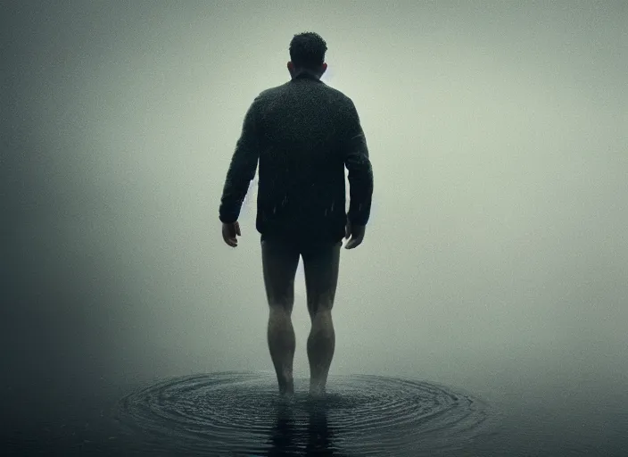 Image similar to portrait of a man who enters the water, fog, rain, volumetric lighting, beautiful, mystique, golden hour, sharp focus, ultra detailed, concept art, jan urschel, dylan cole, noir art house, 4 k, 3 5 mm, fujifilm