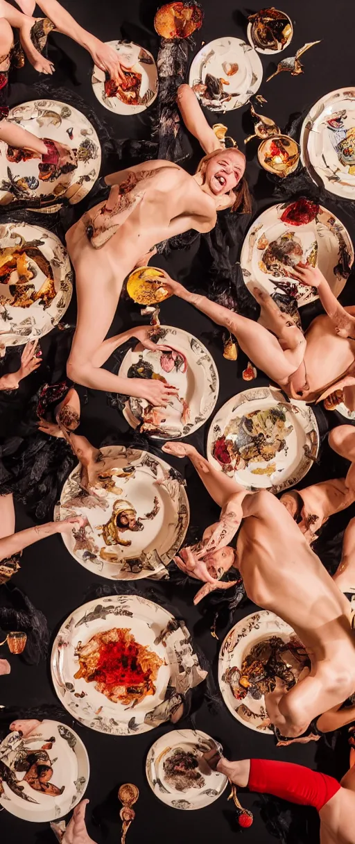 Prompt: an 8 k uhd digital photo of a group of witches dancing and laughing around plates of skin and muscle and blood
