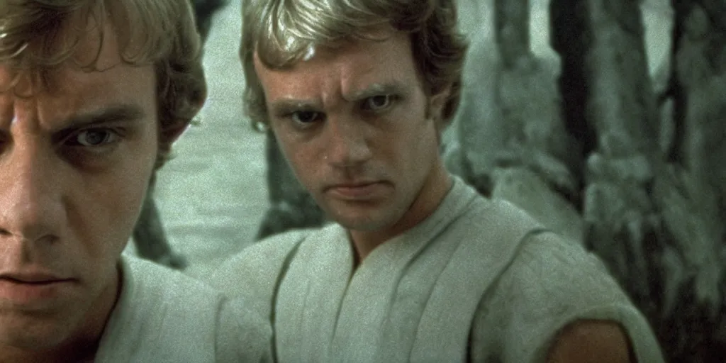 Prompt: screenshot of master Luke Skywalker alone in a a Jedi Temple, 1970s thriller by Stanely Kubrick film, color kodak, ektochrome, anamorphic lenses, detailed faces, moody cinematography