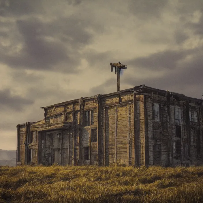 Prompt: a building in a serene landscape, apocalyptic fiction