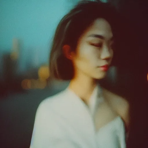 Image similar to A gorgeous woman’s face shattered, blurred city background, captured in low light, cinestill 800t