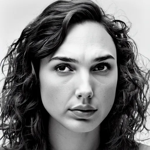 Image similar to photo of Gal Gadot by Diane Arbus, extreme closeup, black and white, high contrast, Rolleiflex, 55mm f/4 lens