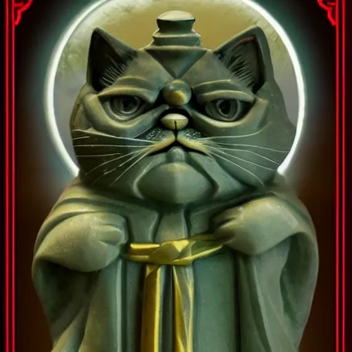 Prompt: figures in cloaks sit in front of a jade sacrificial altar behind which is a huge stone carving of their diety grumpy cat which glistens among the torches and moonlight, a gold cloaked figure preaches from a leatherbound book of memes as the moon begins to eclipse for their dark ritual