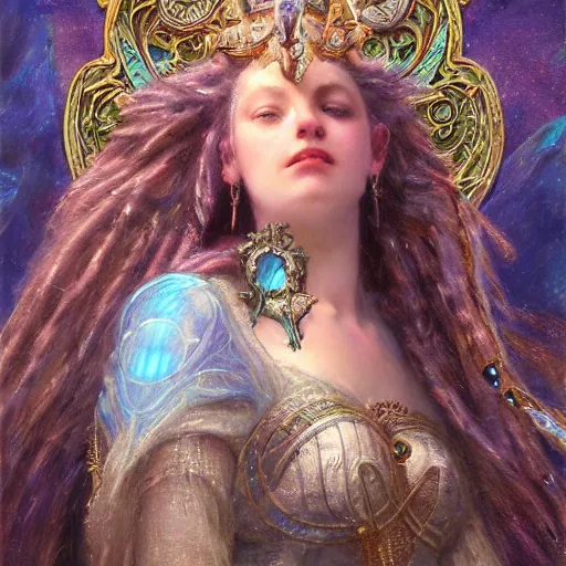 Prompt: artstation, intricate details, hyper details, by gaston bussiere, queen of heaven, sacred techno mystic of antiquity, with aqua neon rapunzel dreadlocks, wearing labradorite fabrics and armor, sovereign kingdom, futurisma,
