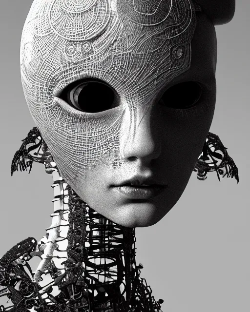 Image similar to black and white dreamy foggy smoky profile face portrait, one silver steampunk eye biomechanical beautiful young female cyclope - cyborg - robot bust, body ribs meshes,, volumetric light, hibiscus flowers, by hg giger, rim light, by dora maar and cecile beaton, big gothic fashion pearl embroidered collar, 8 k