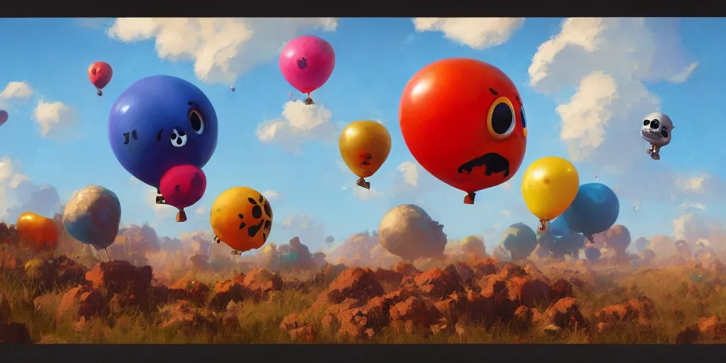 Prompt: balloons shaped like skulls, cheerful vibrant sky, by Pixar and Craig Mullins