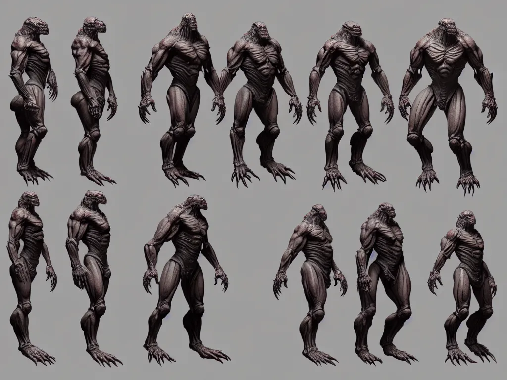 Image similar to game concept art sprite sheet, quake monster concept art, muscular, exoskeleton, hyperrealism, fine detail, 8 k, 3 d render, artgerm, artstation contest winner, cgsociety, cryengine, zbrush, vray, no background