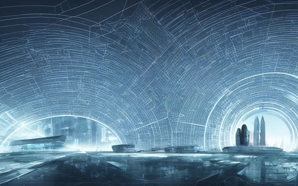 Prompt: a techno - spiritual utopian domed city, future perfect, award winning digital art