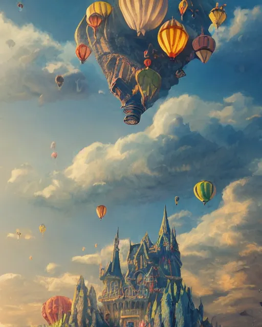 Image similar to flying cloud castle, buildings, baloons, atmosphere, glow, detailed, full of colour, cinematic lighting, trending on artstation, 4 k, hyperrealistic, extreme details, bright, blue sky, cloudy, fantasy, masterpiece, art by wylie beckert