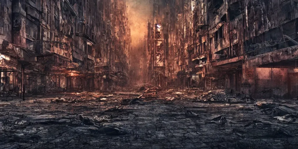 Prompt: a melancholic post-apocalyptic city destroyed by nuclear war, mutants creatures swarming, 35mm, 8k, cinematic lighting, hd wallpaper, HR Giger, atmosphere of silent hill