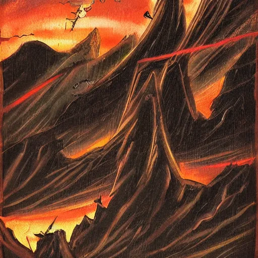 Prompt: dragons circling a tall mountain spire, by kon satoshi