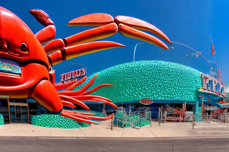 Image similar to 1 9 8 5 crab themed giant aquarium, googie architecture, one point perspective, americana, fishcore, exterior photography, hd 8 k, taken by alex webb