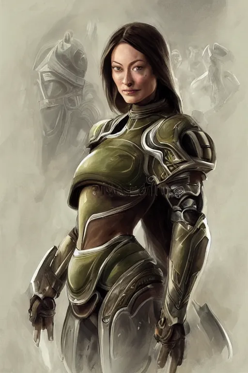 Image similar to a professional painting of a young Olivia Wilde, clothes in military armor, olive skin, long dark hair, beautiful bone structure, symmetrical facial features, intricate, elegant, digital painting, concept art, smooth, sharp focus, illustration, from StarCraft by Ruan Jia and Mandy Jurgens and Artgerm and William-Adolphe Bouguerea