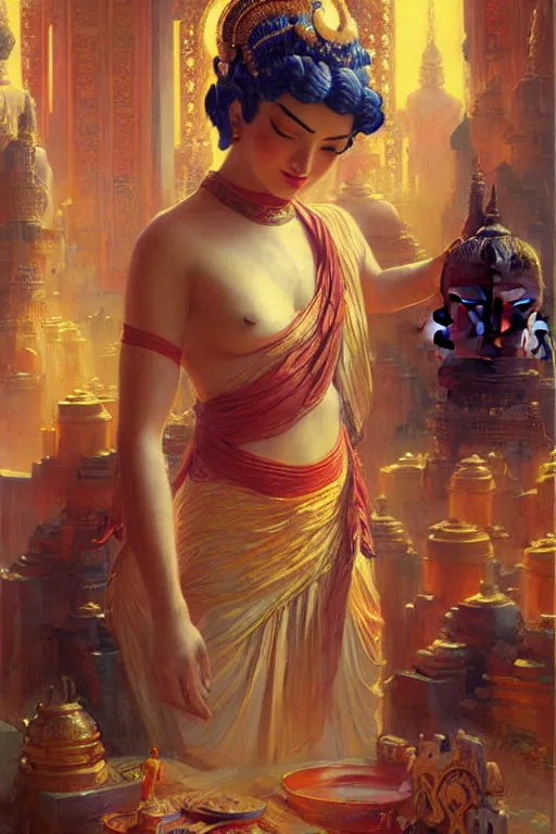 Prompt: buddhism, temple, futurism, painting by gaston bussiere, greg rutkowski, j. c. leyendecker, artgerm