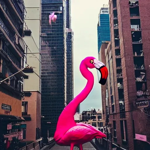 Image similar to photo of giant flamingo attacking a city