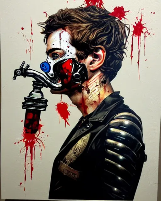 Prompt: portrait of a man wearing oxygen mask, has a sword, blood, a pistol with sea background intricate details with horror side profile by Sandra Chevrier