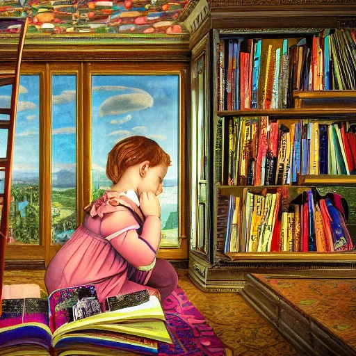 Prompt: photorealistic contemporary illustration of a beautiful photorealistic child reading books, beautifully portrayed inside a retrofuturistic maximalist hyperdetailed room. well detailed in the style of Caravaggio, Michelangelo, Paul Gauguin, Modigliani, with flemish baroque vibrant shiny maximalist mixed media 3d textures in soft pastel tones. matte background. HD HD HDR high res 8x sharp