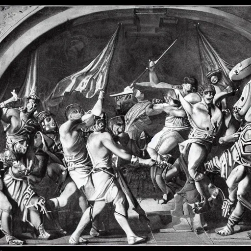 Prompt: the assassination of julius caesar in football stadium realistic highly detailed concept art