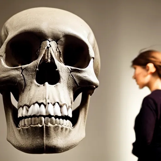 Image similar to Human skull in a museum with alien tourists looking at it, alien language, science fiction